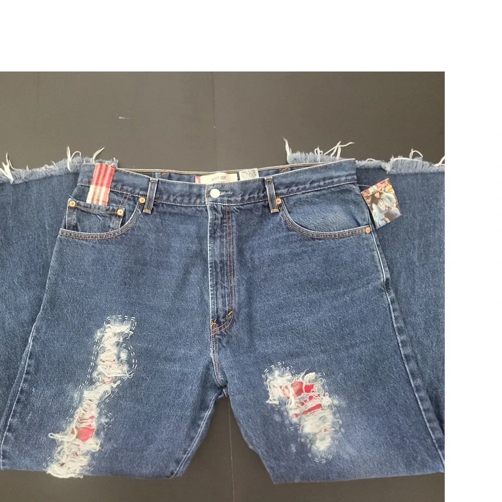 Levis 517‎ Boot Cut Jeans Mens 40x34 Custom Distressed Whiskey River Plaid Patch